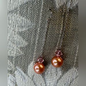 Honora cultured pearl earrings on sterling wire and chain with pink rhinestone.